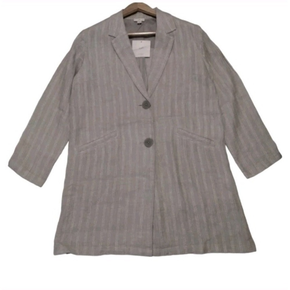 J. JILL Relaxed‎ Linen Vertical Gray & White Stripe Jacket Two Button Long-Line